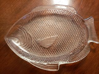 Vintage Clear Depressiin Glass Embossed Fish Shaped Plate Platter Usa Made