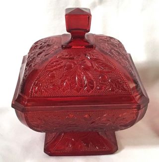 Vintage Ruby Flash Pattern Glass Covered Candy Dish Square Acorn Design
