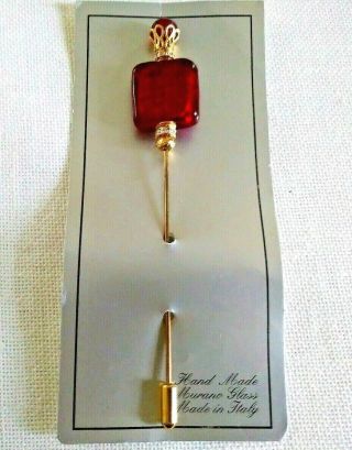 Vintage Red Murano Hand Made Glass Stick Pin On Display Card