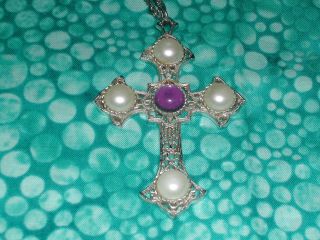 Vintage Sarah Coventry Large Cross Necklace With Pearls & Purple Stone