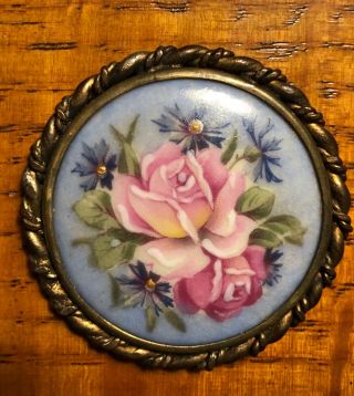 Vintage Limoges France Floral Hand Painted Porcelain Brooch Without Back Pin