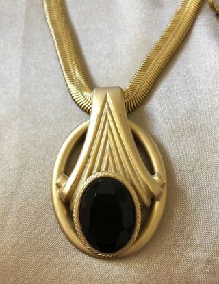 Vintage Gold Tone Necklace With Black Bead And Flat Serpentine Chain