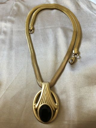 Vintage Gold Tone Necklace with Black Bead and Flat Serpentine Chain 2