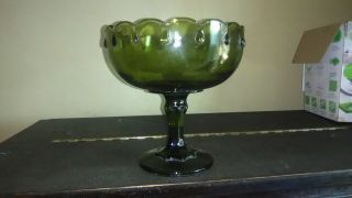 Vintage Green Glass Pedestal Fruit Bowl,  Scalloped Edges
