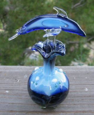 Vintage Blown Glass Blue Perfume Bottle With Dolphin Stopper & Rod Applicator