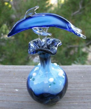 Vintage Blown Glass Blue Perfume Bottle with Dolphin Stopper & Rod Applicator 2