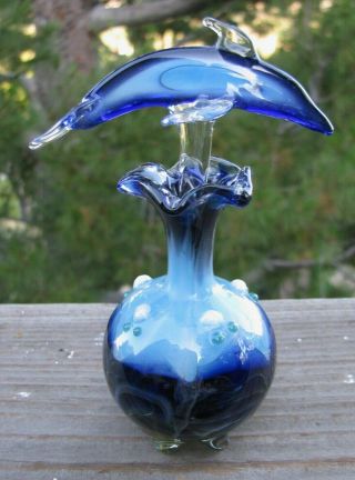 Vintage Blown Glass Blue Perfume Bottle with Dolphin Stopper & Rod Applicator 3