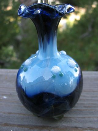 Vintage Blown Glass Blue Perfume Bottle with Dolphin Stopper & Rod Applicator 4
