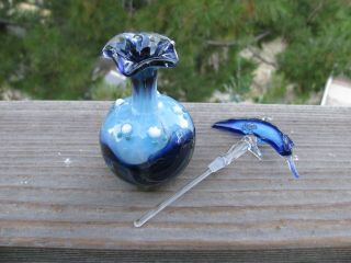 Vintage Blown Glass Blue Perfume Bottle with Dolphin Stopper & Rod Applicator 5
