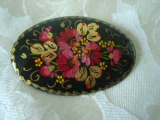 Vintage Russian Lacquer Pin Brooch Pink Fuchsia Yellow Flowers Gold Foil Signed