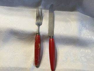 Vintage Red Wood Handle Chromium Plated Fork And Knife