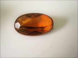 Vintage Art Deco Brass And Faceted Amber Glass Oval Pin Brooch 1/2 X 7/8 In.