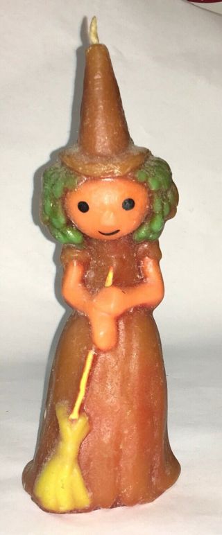 Vintage Halloween Gurley Candle Co.  Witch Candle Holding Broom 7 1/2 " T Unburned