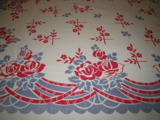 Vintage Red White & Blue Flower Cotton Tablecloth 60 " X 47 - 1/2 "
