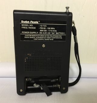 Vintage Radio Shack Model 12 - 725 AM FM Pocket Battery Operated Black 3