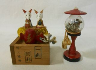 Set Of 2 Japanese Vintage Wooden Kokeshi Doll / Fox