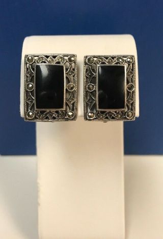 Vintage 925 Sterling Silver Marcasite Black Onyx Gemstone Clip On Earrings