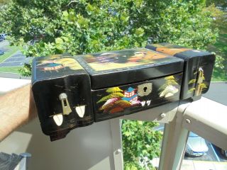 Vintage Japan Jewelry Box Musical Black Laquer Hand Painted