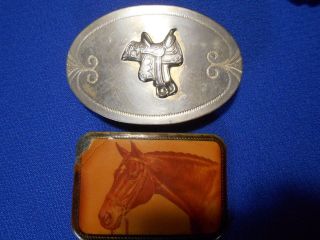 2 Vtg Western Style Belt Buckle Horse Head And Saddle