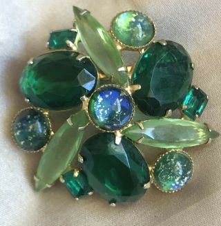 Vintage Emerald Green And Light Green/blue Rhinestone Brooch Pin