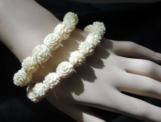 Vintage Hand Carved Bracelet & Earrings Ivory Color Bone Each Carving Unique