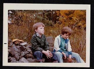 Vintage Photograph Two Cute Little Boys Sitting On Rocks In Woods