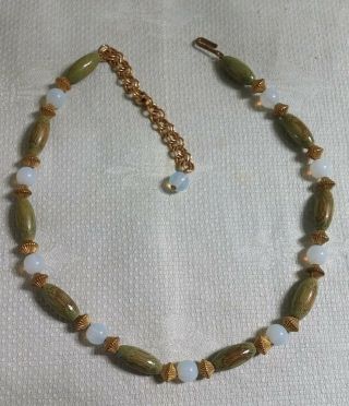 Vintage Goldtone Metal Faux Moonstone Bead Green Wood Oval Bead 16.  5 " Necklace
