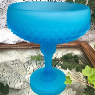 Vintage Indiana Satin Glass Aqua Diamond Point Lg Compote Frosted Candy Dish 7”