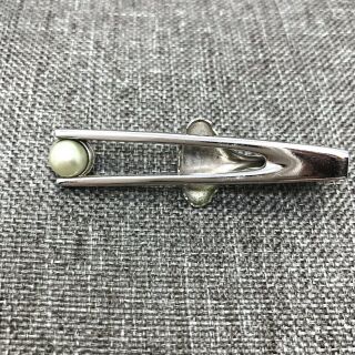 Vintage Hickok Usa Faux Pearl Silver Tone Tie Bar Clasp Clip Signed