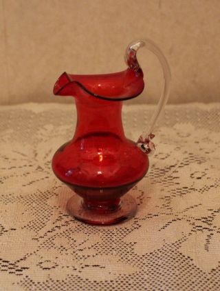 Vintage Small Red Pitcher Jug With Clear Applied Handle Art Glass