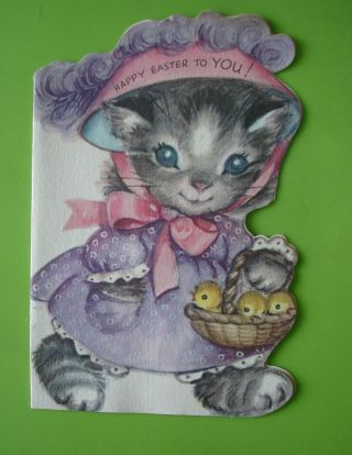 Vtg.  Rust Craft Easter Card - Sweet Girl Kitten Carrying A Basket Of Chicks
