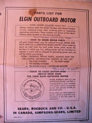 Vintage 1961 Or 1961 Sears Elgin Outboard Motor 7.  5 Hp 574.  60080 Parts List