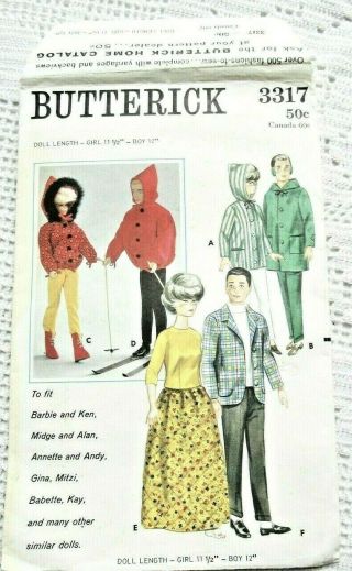 3317 Vintage Sewing Pattern 1960s Barbie&ken Doll Clothes (1 Pc Cut Out)