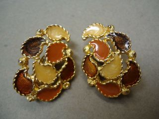Big Vintage Gold Tone Fall Autumn Color Brown Beige Enamel Clip Earrings