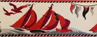 Vintage Wallpaper Border Red Sailboats,  Seagulls,  Flags And Buoys