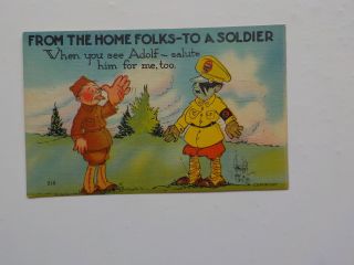 Wwii Postcard Adolf Hitler American Soldier World War Two Patriotic Vtg Ww2