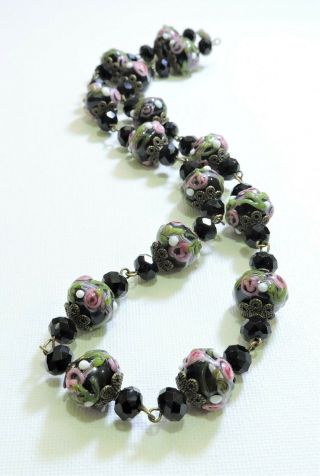 Vintage Black With Pink Roses Lampwork Art Glass Bead Necklace Au19219