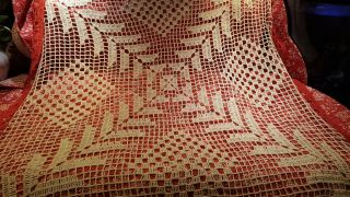 Vintage Tablecloth,  Hand Crochet,  Red And Tan,