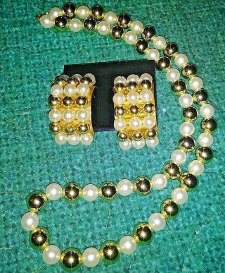 Vintage Hong Kong Faux Pearl And Gold Beaded Necklace And Clip Earrings Set