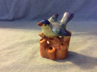 Vintage Japan Miniature Flower Frog Ceramic Blue Bird Lusterware 6 Holes