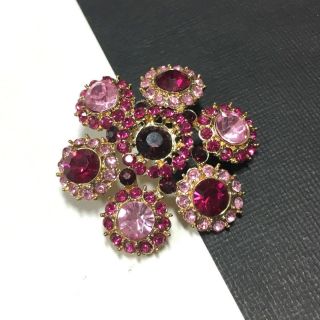 Vintage Pink & Purple Crystal Rhinestone Flower Brooch Pin Gold Tone Ff14e