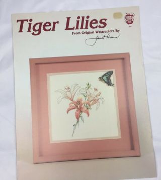 Vintage 80s Tiger Lilies Cross Stitch Pattern Green Apple Inc Janet Powers