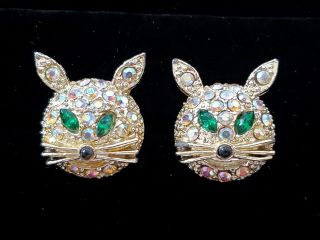 Vintage Estate Jewelry 2 Ab Rhinestone Cat Face Brooch Pins