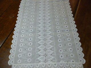 Vintage White Cotton Eyelet Lace Embroidered Table Runner Vanity Scarf 51 X 14 "
