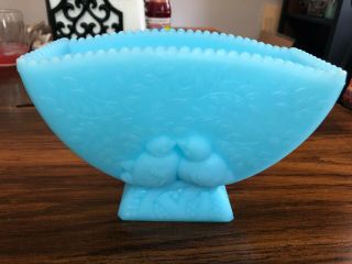 Vintage Fenton Blue Frosted Embossed Glass Fan Vase With Birds