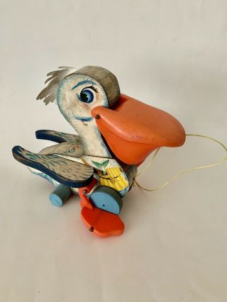 Vintage Fisher Price Wooden Pull Toy Pelican " Big Bill "