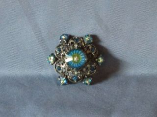 Vintage Gun Metal Blue Rhinestone Blue - Green Margarita Crystal Pin Brooch