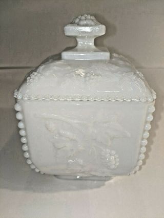 Vintage Westmoreland Milk Glass Footed Candy Dish W Lid,  Bead Edge,  Grape Panel