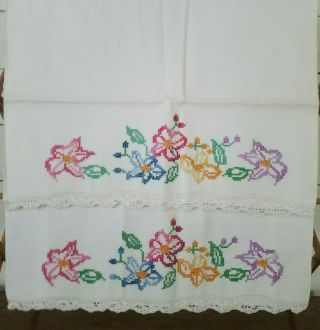2 Vintage Handmade Embroidered Pillowcases Flowers Crochet Trim Edge
