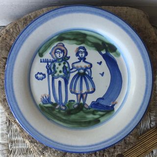 Vintage M.  A.  Hadley Pottery Farmer & Wife Signed 12.  5 " Round Platter Chop Plate